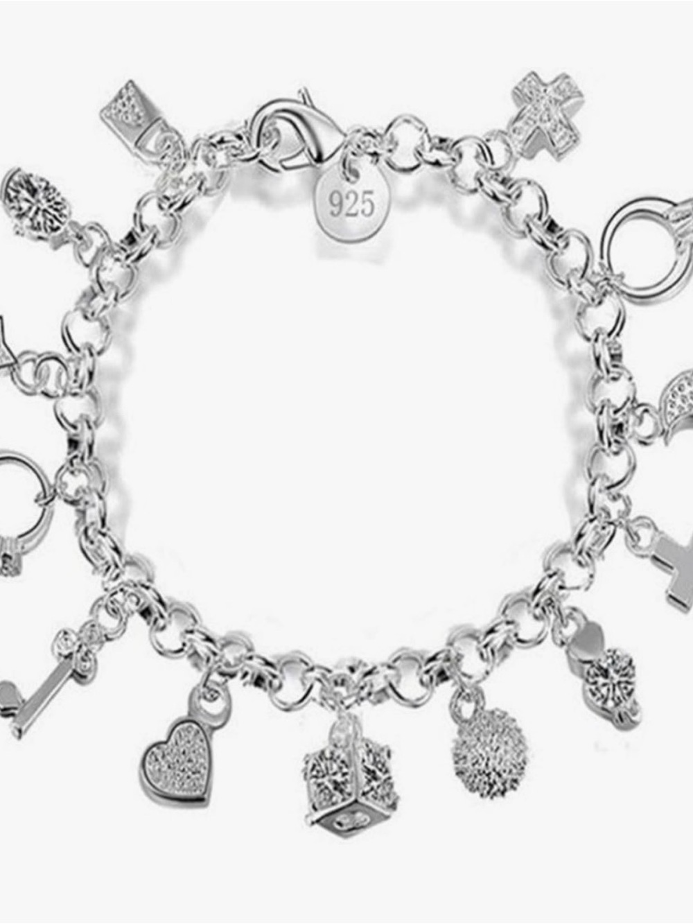 Sterling Silver Charm Bracelet with Heart & Gift Charms - Silver